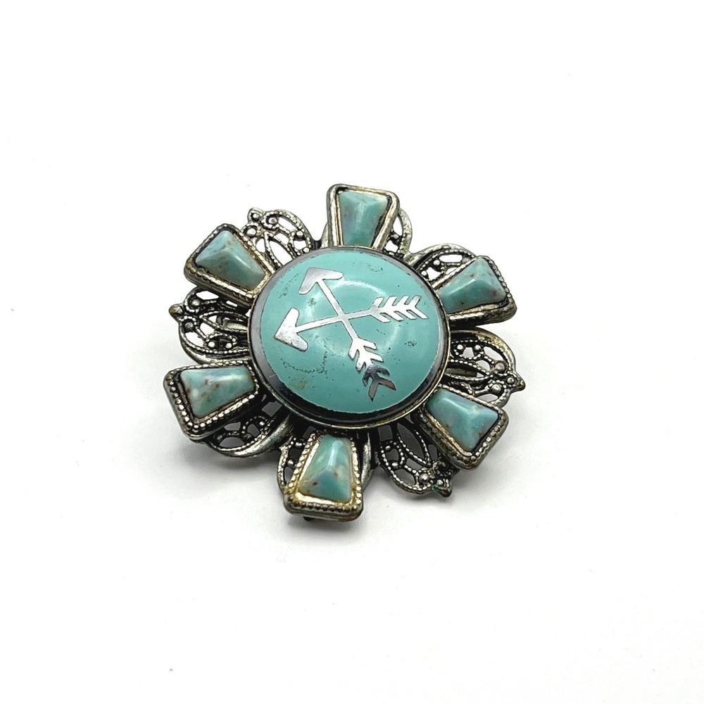 Vintage Southwestern Crossed Arrows Turquoise Filigree Brooch Pin Silver Tone‎